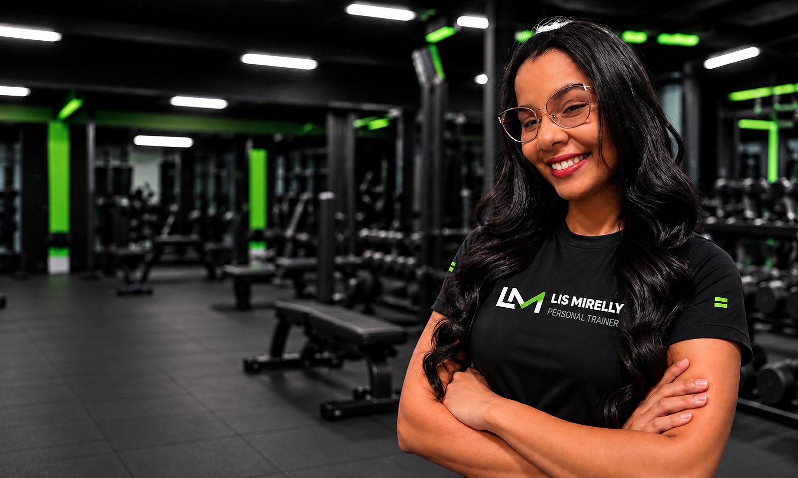 Lis Mirelly, personal trainer, de braços cruzados e sorrindo em uma academia